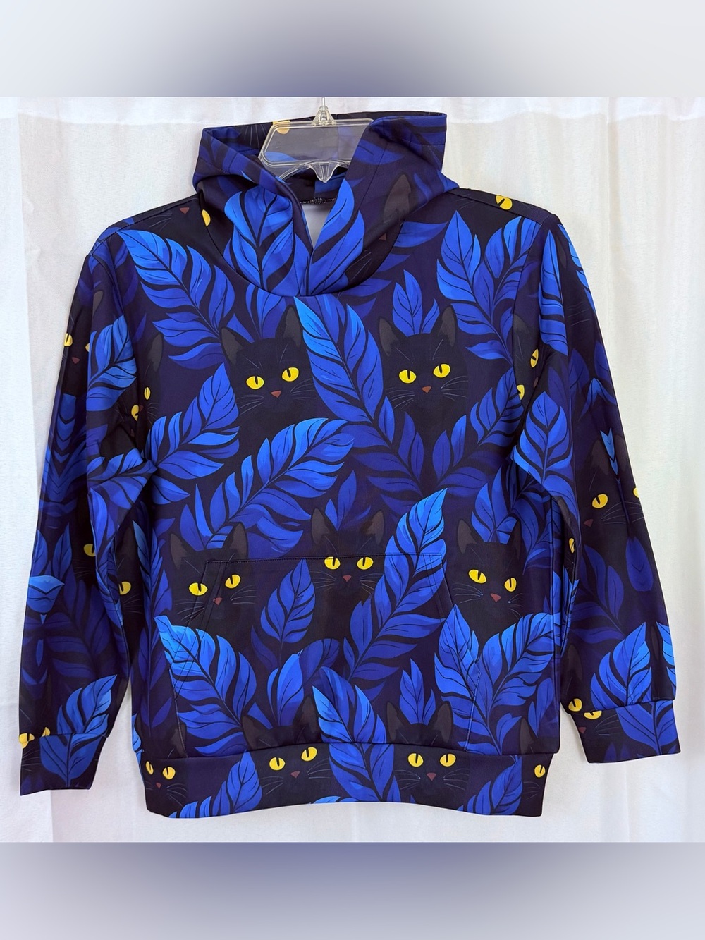 Vibrant Blue 3D Cat & Leaf Print Unisex Kids Hoodie Size 140 (8-12Y) New!!! - Picture 6 of 7